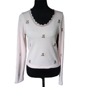 Fct With Love Basics Women's L Pink Ribbed Top With Embroidered Teddy Bears